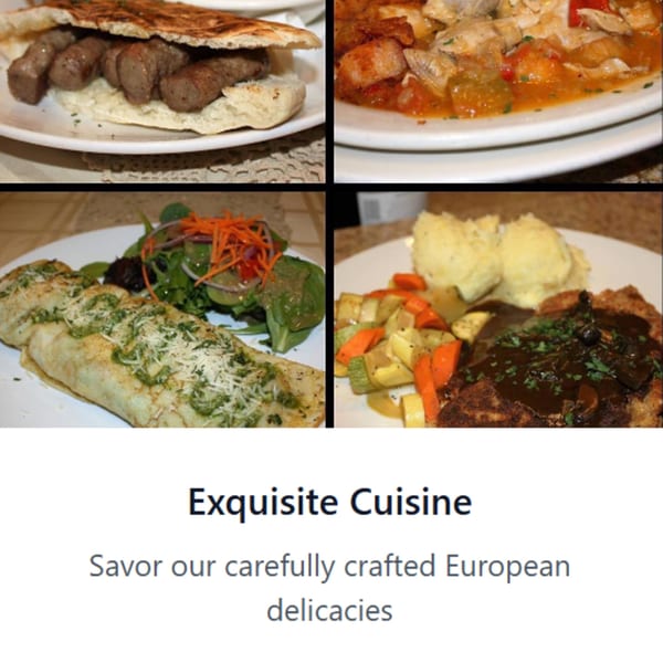 Four European dishes: a sausage sandwich, chicken stew, pesto crepes with salad, and steak with mashed potatoes and vegetables.