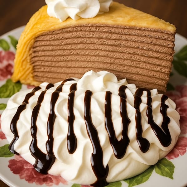 A slice of chocolate crepe cake with whipped cream and chocolate drizzle on a floral plate.