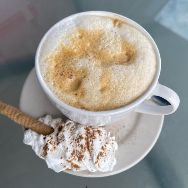 A frothy cappuccino with whipped cream and a cinnamon stick on a white saucer.